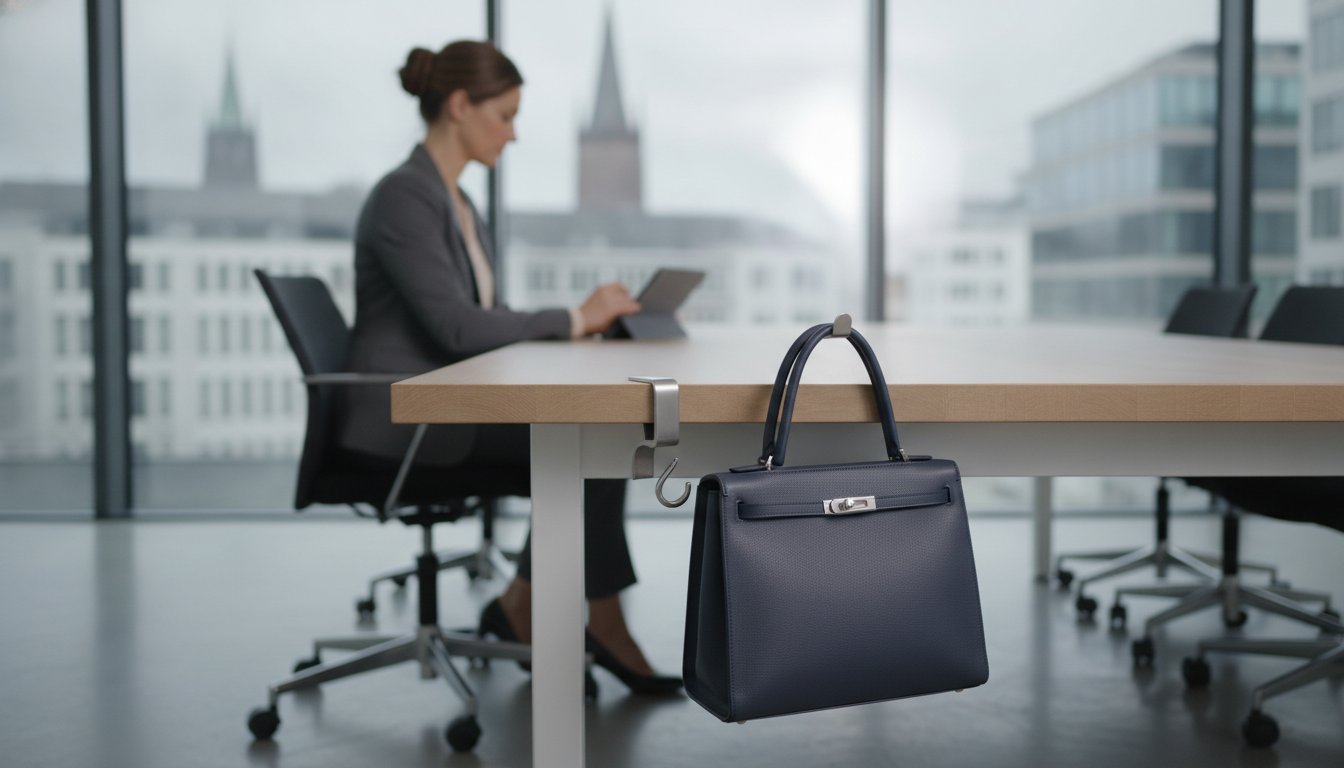 Taschenhalter für dicke Tischplatten: So hängst du deine Handtasche im Büro sicher auf