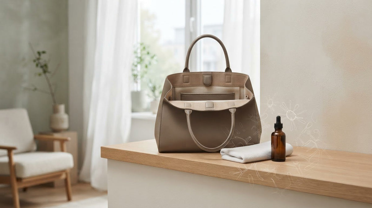 Reinigung, Material und Bakterien auf der Handtasche